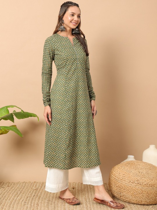 FIORRA Women's Floral Printed Green Cotton A-Line Kurta 