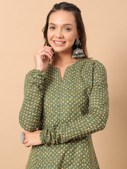FIORRA Women's Floral Printed Green Cotton A-Line Kurta 
