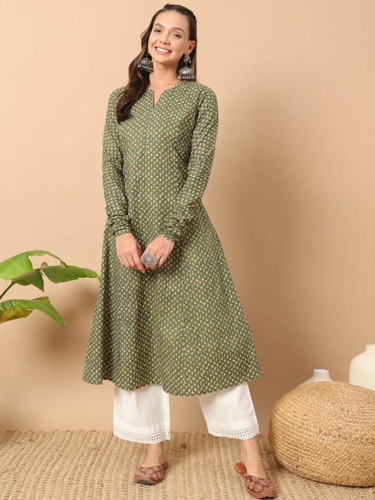 FIORRA Women's Floral Printed Green Cotton A-Line Kurta 