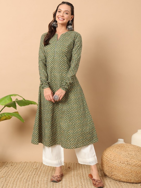 FIORRA Women's Floral Printed Green Cotton A-Line Kurta 