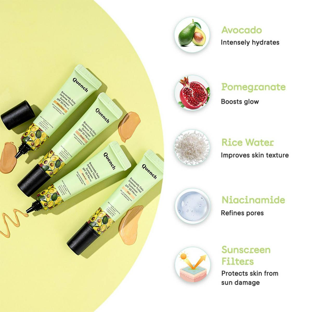 Quench Bravocado SPF 50+ PA++++ Sunscreen Gel With Avocado, Rice Water & Pomegranate, Korean Beauty 