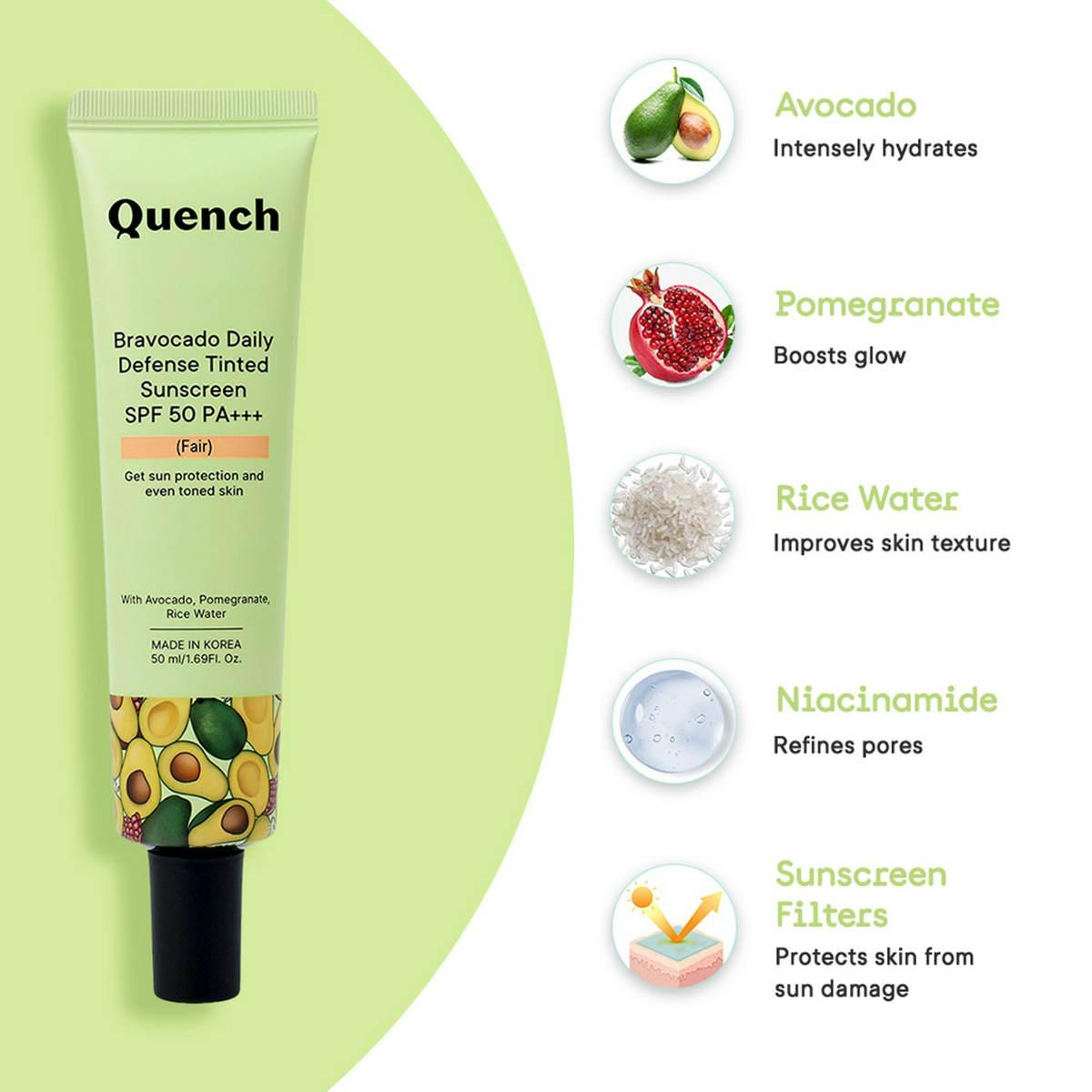 Quench Bravocado SPF 50+ PA++++ Sunscreen Gel With Avocado, Rice Water & Pomegranate, Korean Beauty 