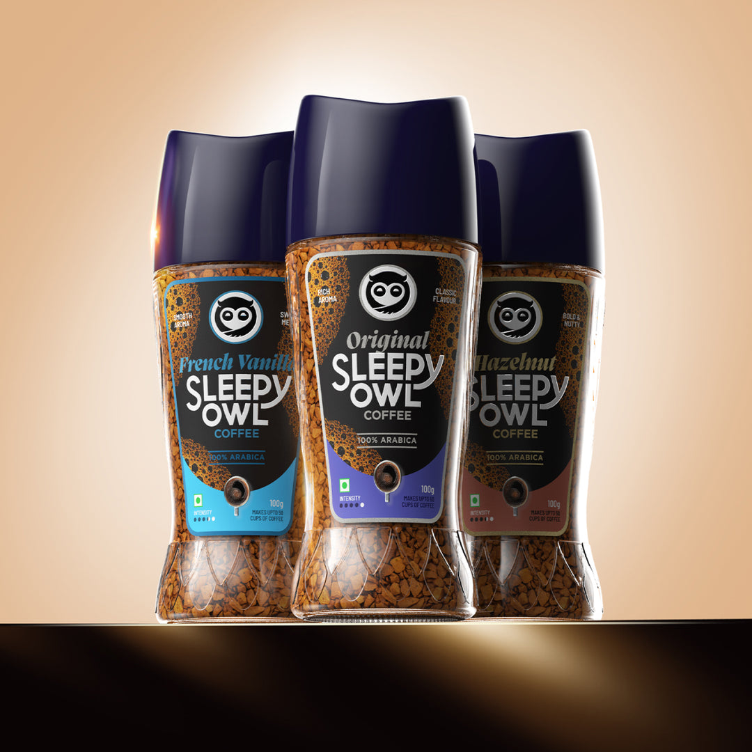 Sleepy Owl Premium Instant Coffee Original, French Vanilla, Hazelnut Combo  Grab2Buy Sleepy Owl Grab2Buy