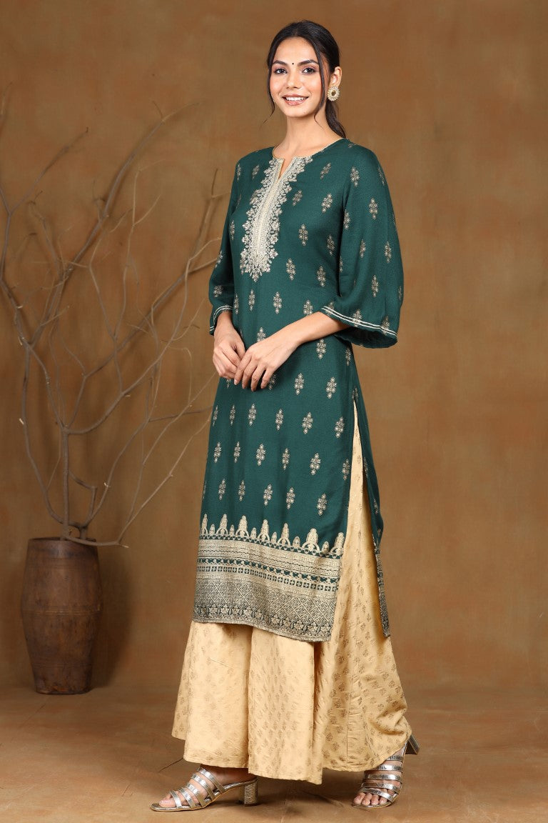 Juniper Jadegreen Rayon Moss Gold Foil Print Straight Kurta with Yoke Detailing