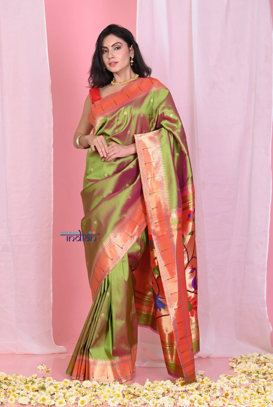 Very Much Indian Dual Tone Olive Green Pink Muniya Border Paithani Pure Silk With Peacocks Pallu - Grab2buy