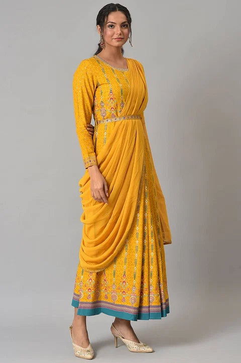 W for Woman Yellow Glitter Printed Festive Pre-drape Grab2Buy Dress with Belt  Grab2Buy WforWoman Grab2Buy