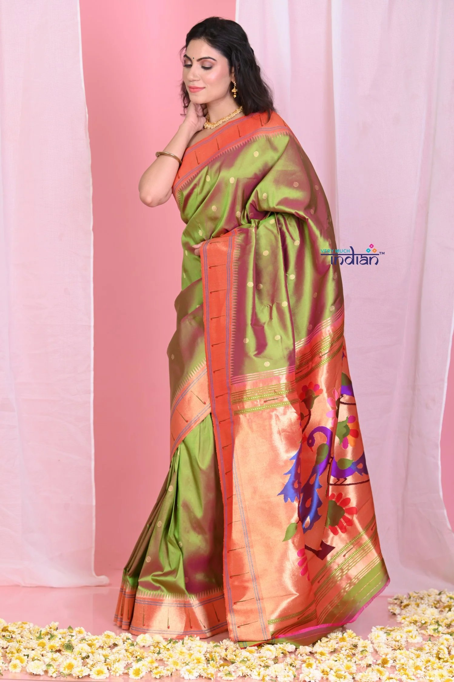 Very Much Indian Dual Tone Olive Green Pink Muniya Border Paithani Pure Silk With Peacocks Pallu - Grab2buy