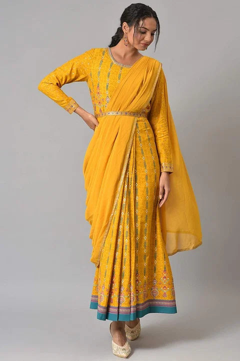 W for Woman Yellow Glitter Printed Festive Pre-drape Grab2Buy Dress with Belt  Grab2Buy WforWoman Grab2Buy