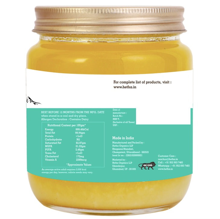 Hetha Himalayan Badri Cow A2 cultured Bilona Ghee / A2 Ghee | Organic and Pure Cow Ghee | Made From Grass Fed A2 Cow's Milk 