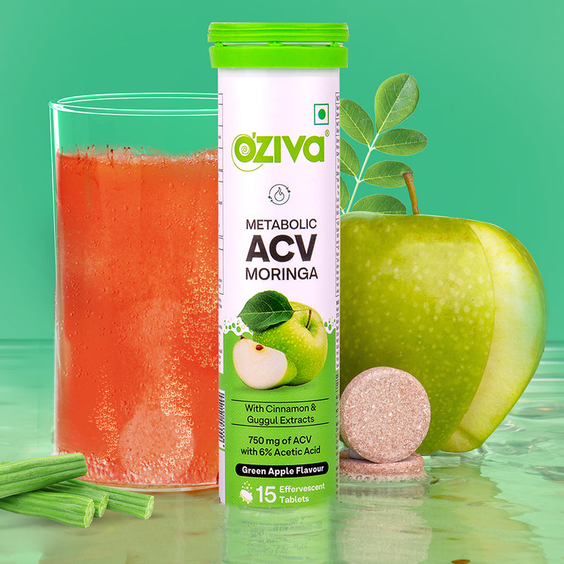 OZiva ACV Moringa For Weight Loss 3-in-1 Fat Oxidation Formula Tablets - Green Apple Flavor 