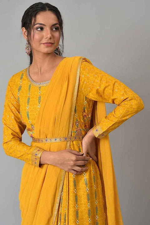 W for Woman Yellow Glitter Printed Festive Pre-drape Grab2Buy Dress with Belt  Grab2Buy WforWoman Grab2Buy