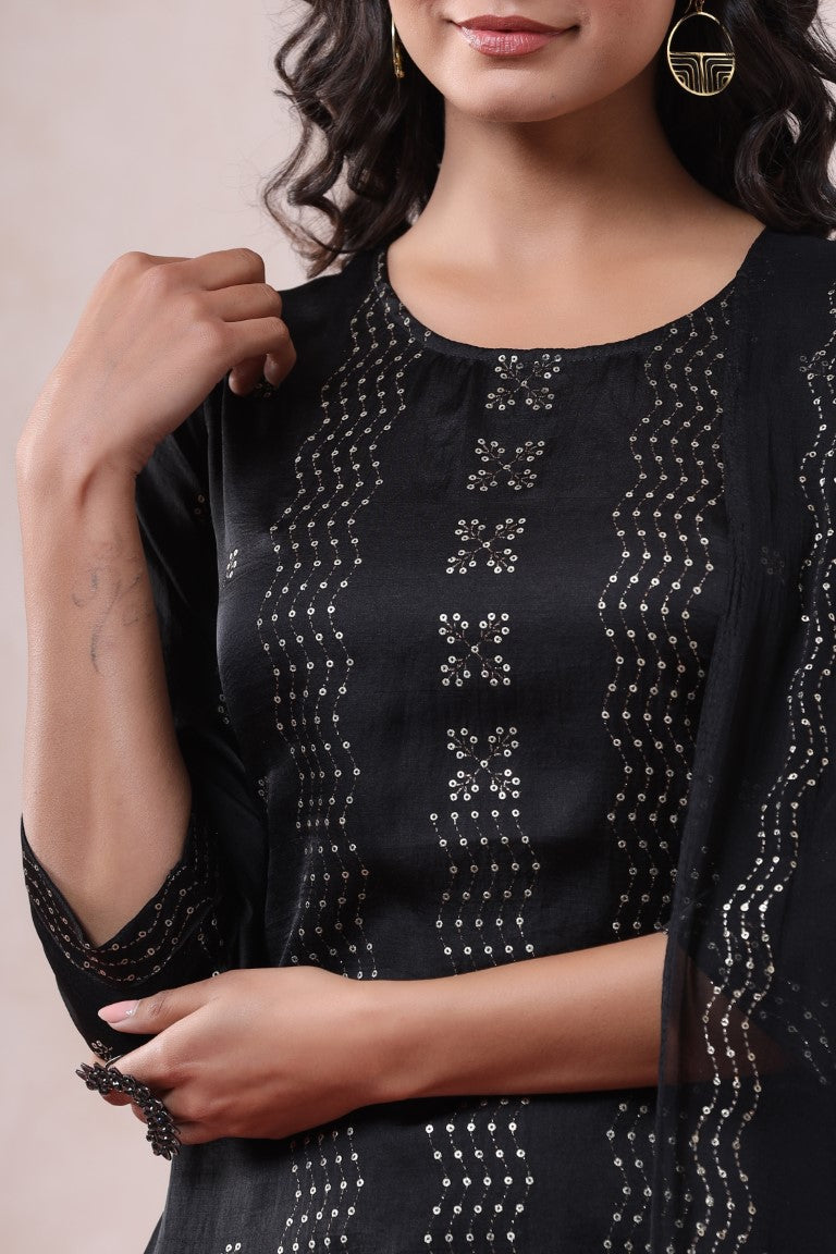 Juniper Women's Black Pure Silk Embellished Kurta Set