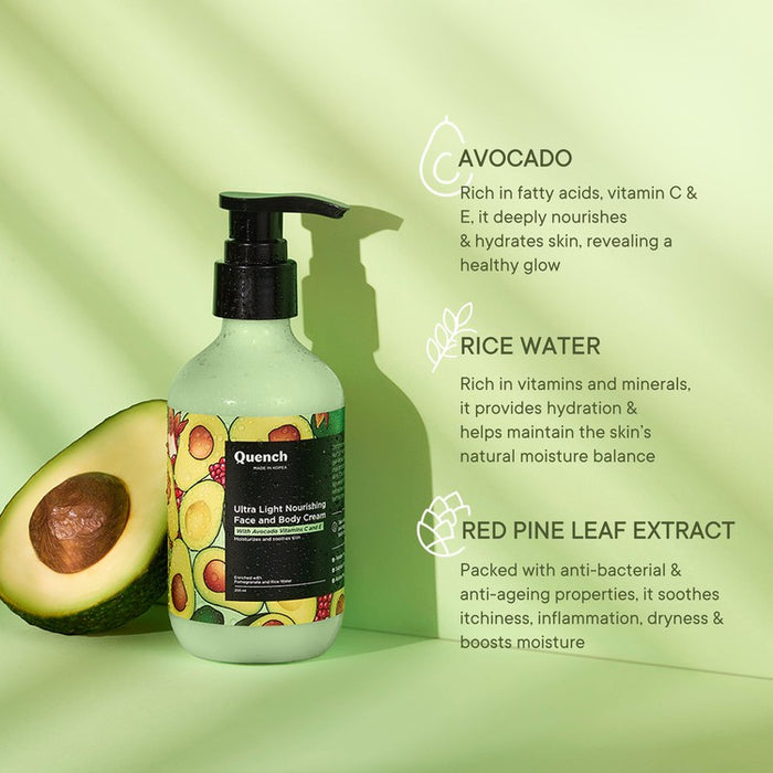 Quench Botanics Bravocado Ultra Light Nourishing Face and Body Cream, Korean Skin Care 