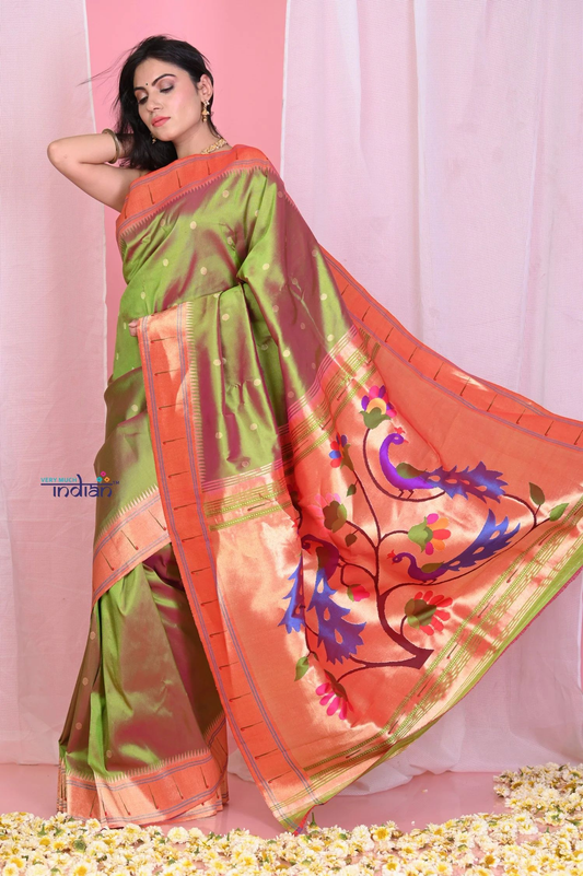 Very Much Indian Dual Tone Olive Green Pink Muniya Border Paithani Pure Silk With Peacocks Pallu - Grab2buy