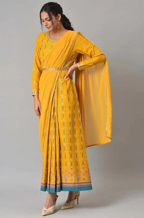 W for Woman Yellow Glitter Printed Festive Pre-drape Grab2Buy Dress with Belt  Grab2Buy WforWoman Grab2Buy