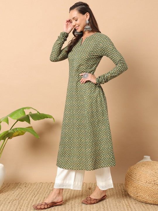 FIORRA Women's Floral Printed Green Cotton A-Line Kurta 
