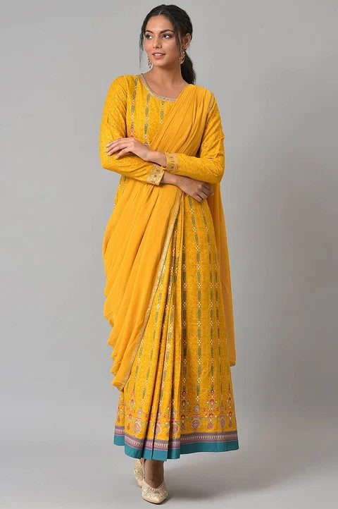 W for Woman Yellow Glitter Printed Festive Pre-drape Grab2Buy Dress with Belt  Grab2Buy WforWoman Grab2Buy