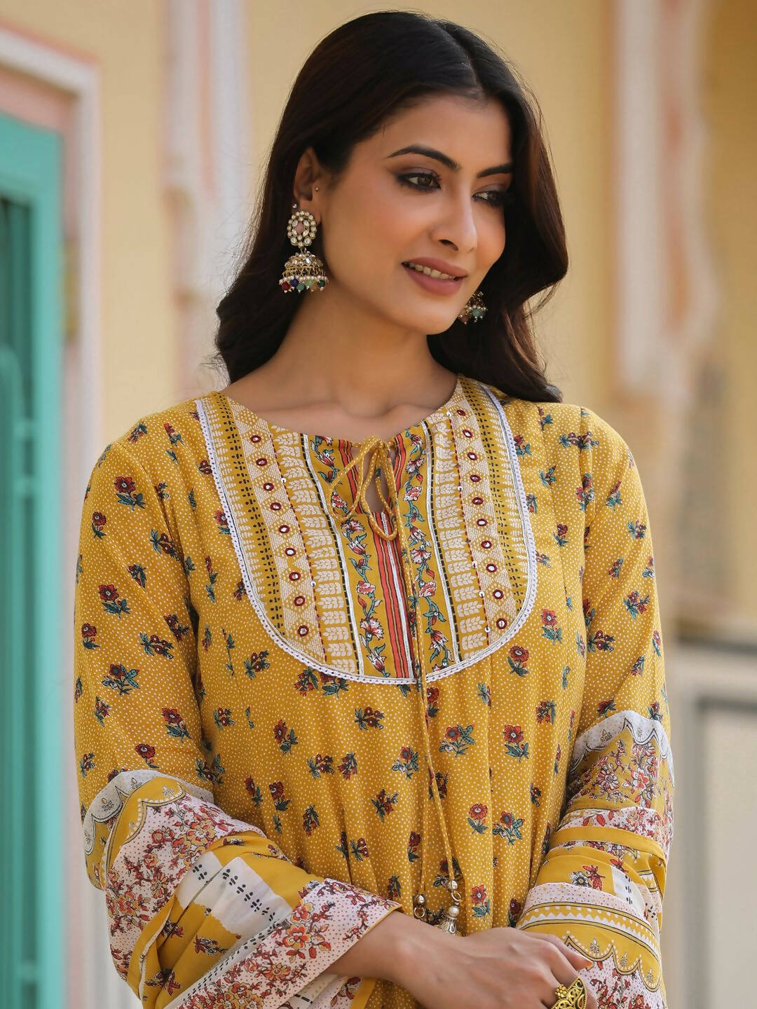 Juniper Women's Mustard Cotton Voile Floral Printed Kurta With Cambric Straight Pant And Voile Duptta