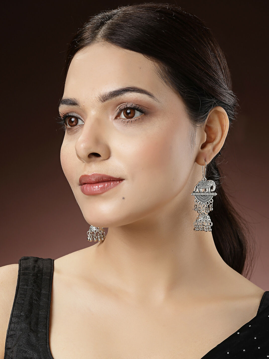 NVR Women's Silver-Toned Elephant Design German Silver Oxidised Dome Shaped Jhumka Earrings 