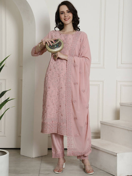 Aastha Fashion Women's Pink Georgette Floral Resham Thread with Cording & Crystal work Kurta with Trouser & Dupatta - Grab2buy