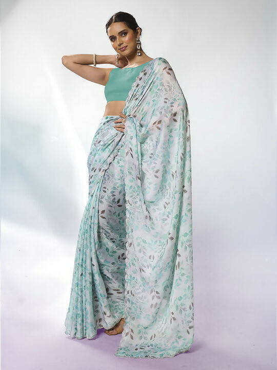 Sea Green Satin Georgette Designer Printed Saree - Shezlin