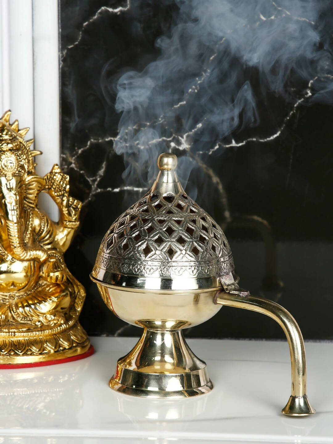 CraftVatika Gold-Toned Dhoop Dani Loban With Handle & Incense Stick Holder Showpiece 