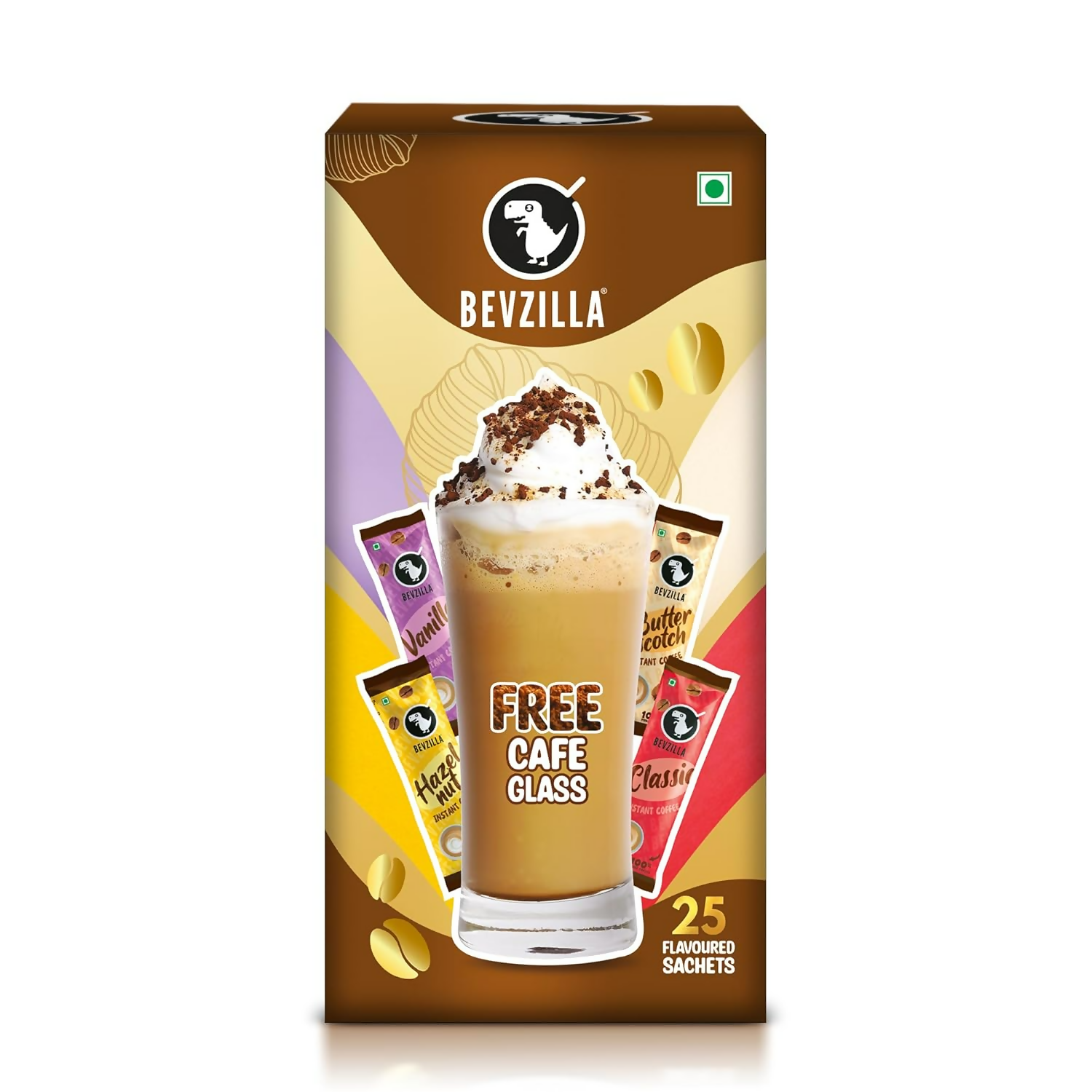 Bevzilla Premium Glass & 25 Flavoured Coffee Sachets 