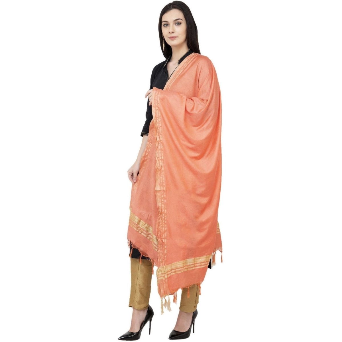 A R Silk Golden Border Regular Dupatta Color Peach Dupatta or Chunni 