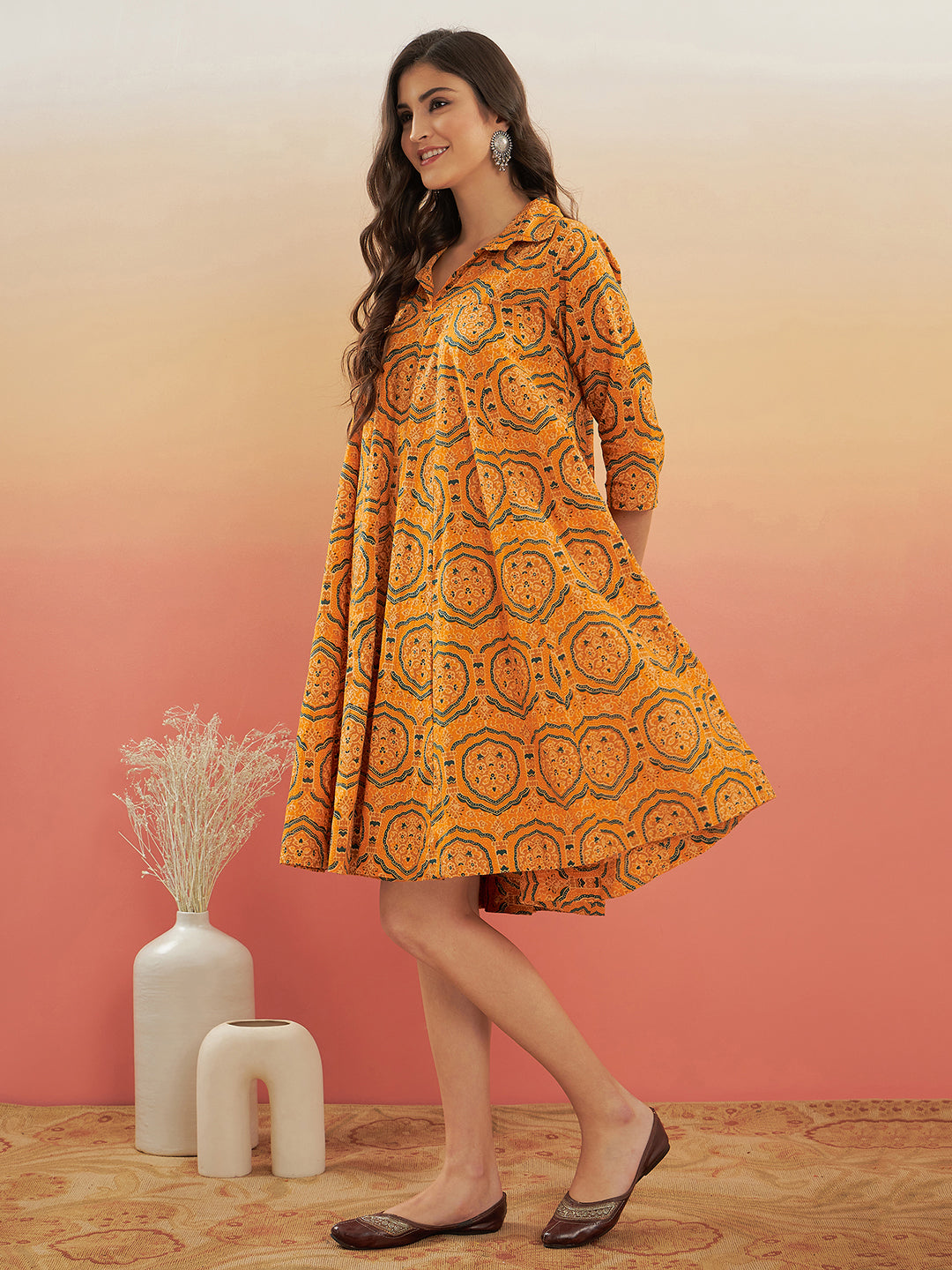 InWeave Women's Haldi Yellow Mughal Kalamkari Flared Dress 