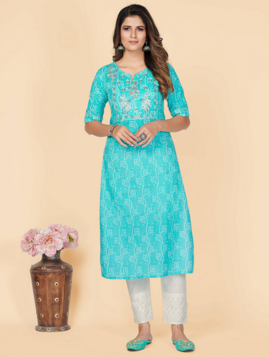 NOZ2TOZ Women's Printed & Embroidered Straight Cotton Sky Blue Stitched Kurta (1Pc)