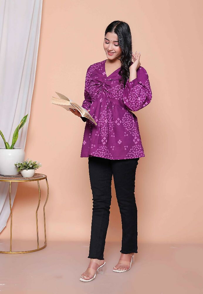 Miravan Womens Purple Bandhani Printed Butterfly Style Top
