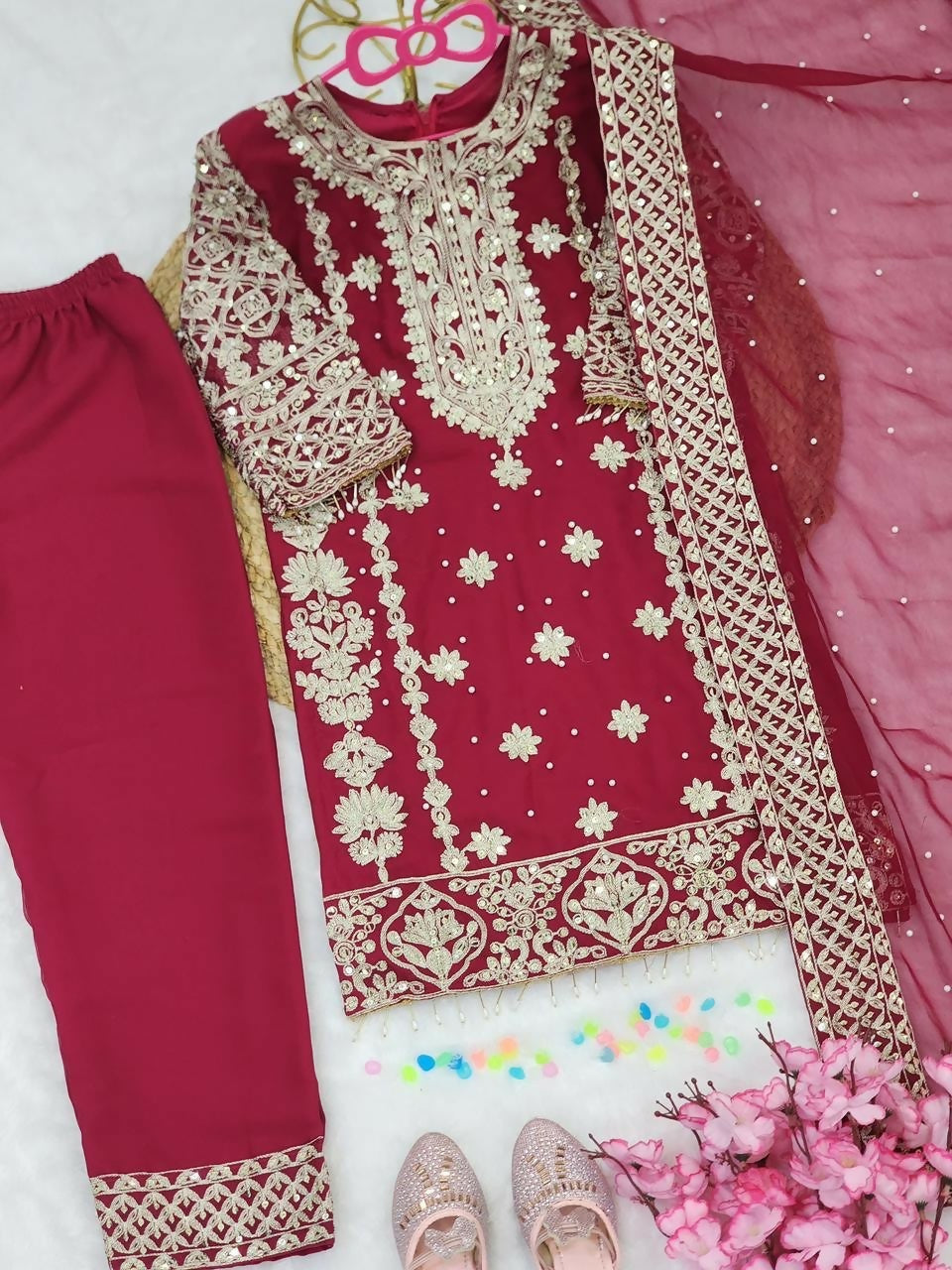 Teeya Creation New Kids Trendy stylish Rich Heavy Embroidery with Elegant Sequence Work Kurta Set-Red