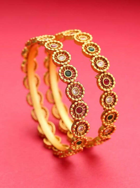 Priyaasi Women Set Of 2 Gold-Polished Multicolored Stones Studded Bangles in Floral Pattern | Grab2Buy
