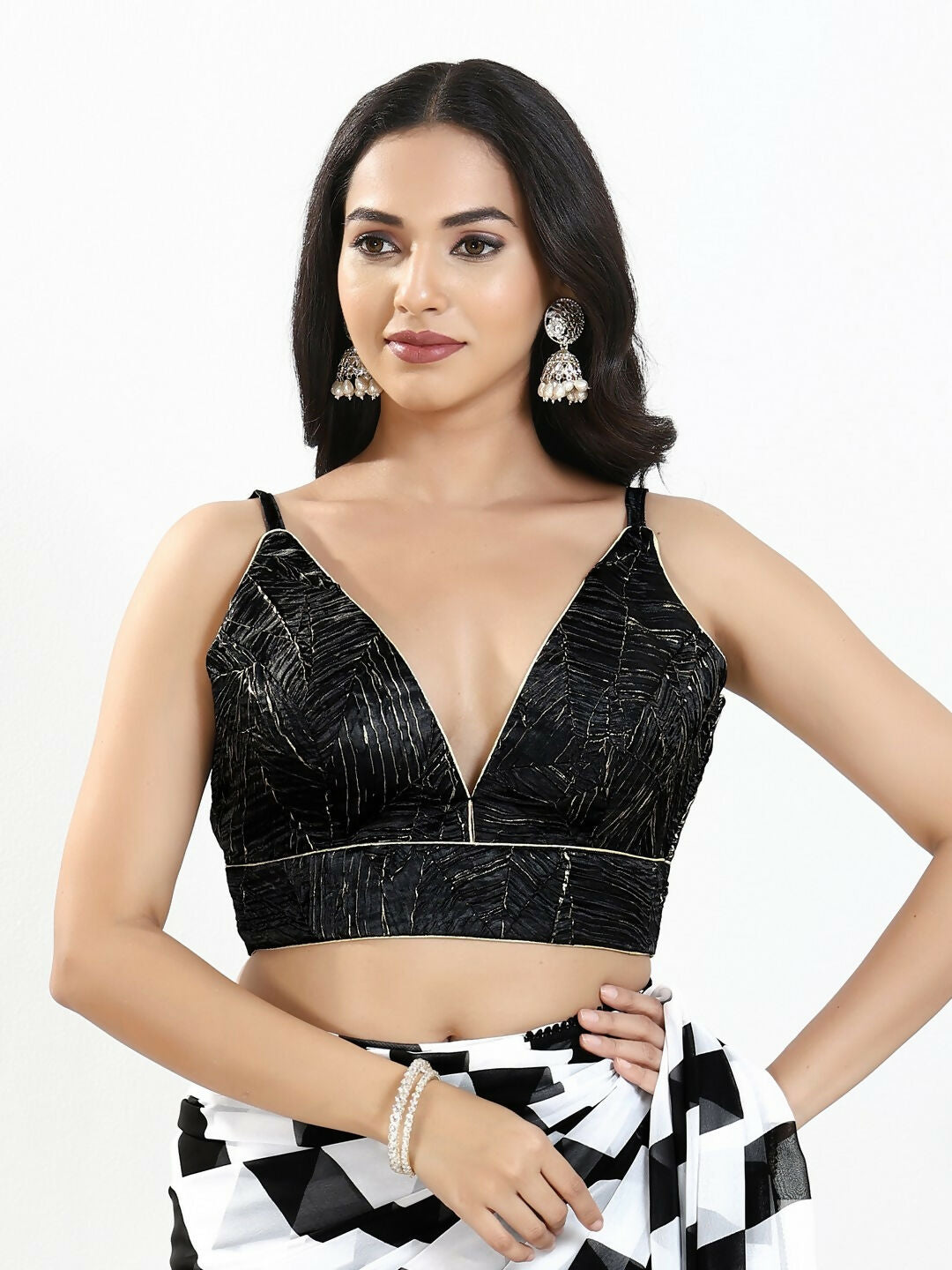 Joban Fashion Black Satin Crush Padded Blouse With V Neck Sleeveless