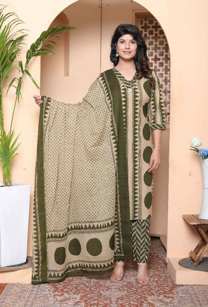 Miravan Womens Polka Dot Printed V-Neck Kurta With Palazzo And Dupatta Set
