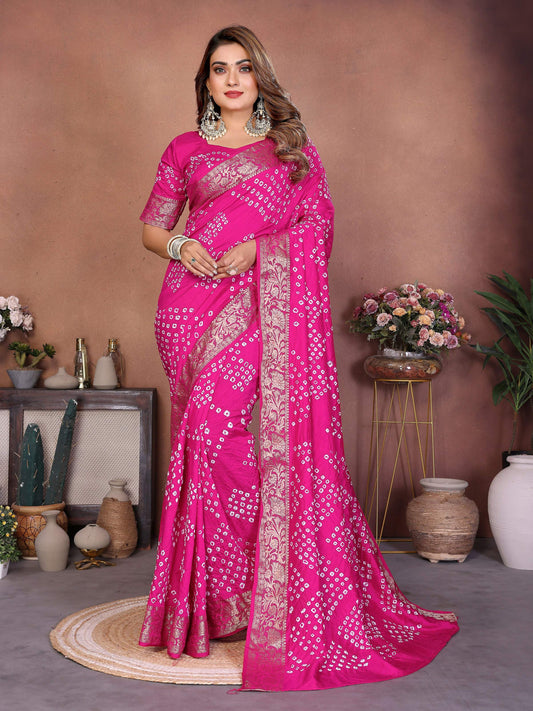 Aastha Fashion Pink Pure Dola Silk Handmade Original Bandhej Saree