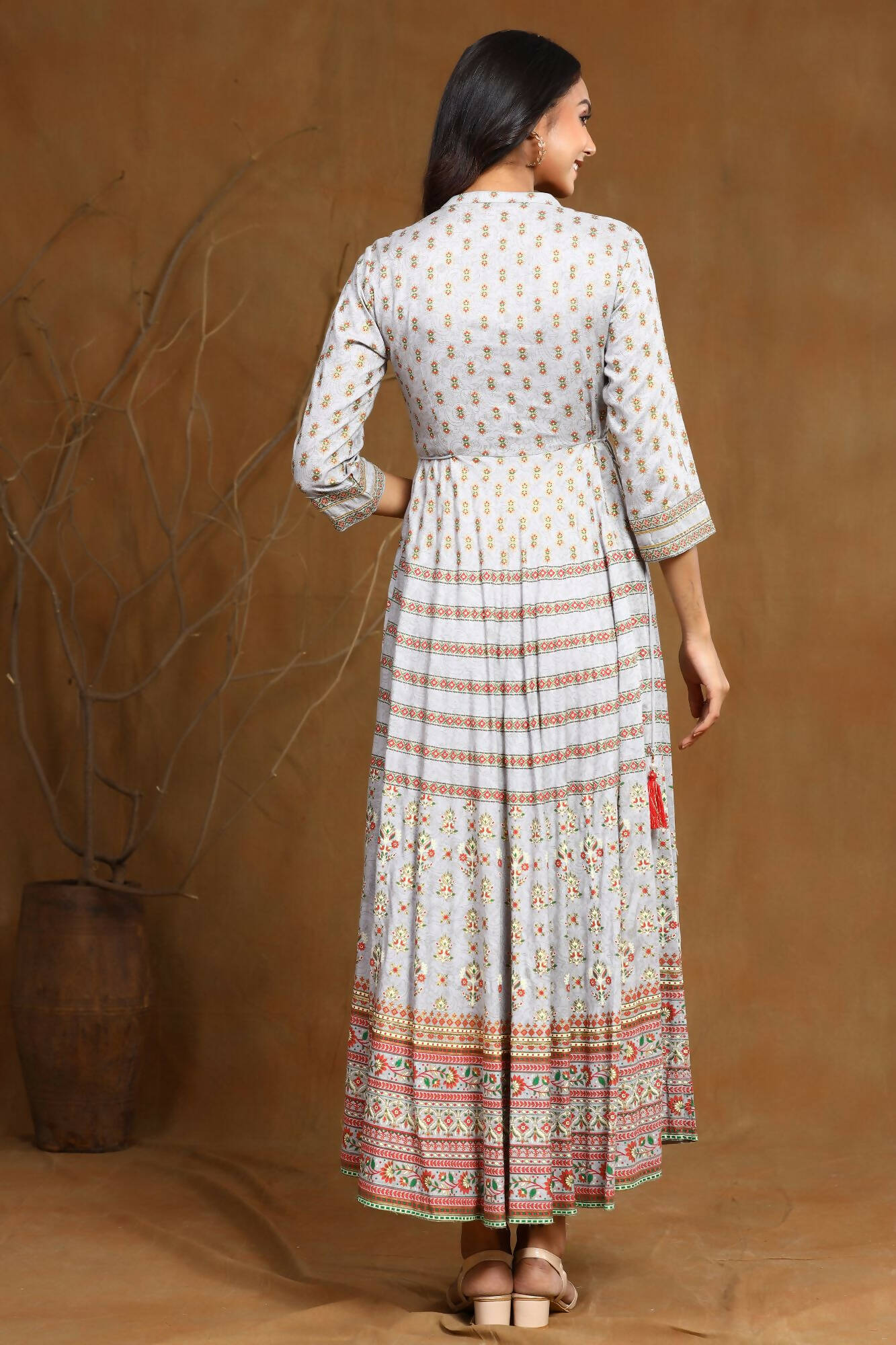 Juniper Women Grey Rayon Embroidered Flared Dress
