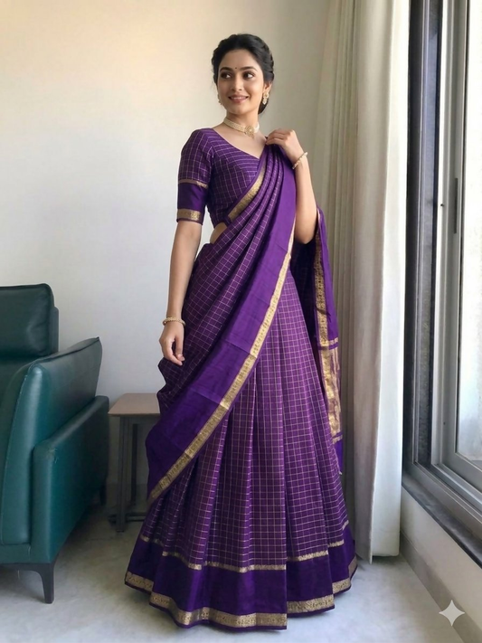 Teeya Creation New South Indian Silk Checked Half Saree Lehenga Choli with Zari Border-Purple