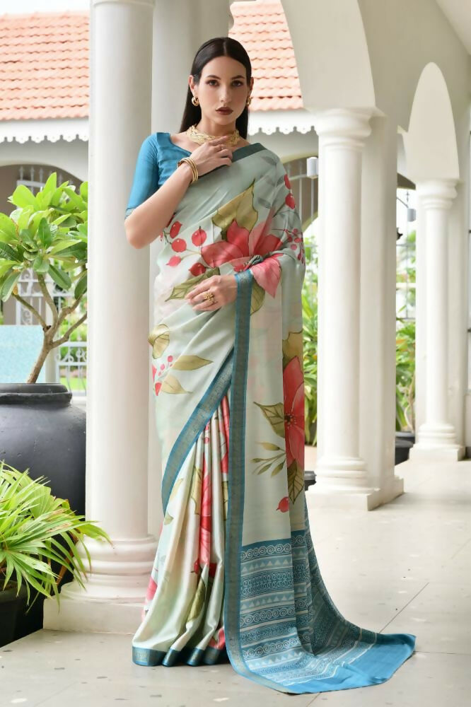 Vishnu Weaves Women's Firozi Satin Silk Printed Saree with Blouse | Grab2Buy