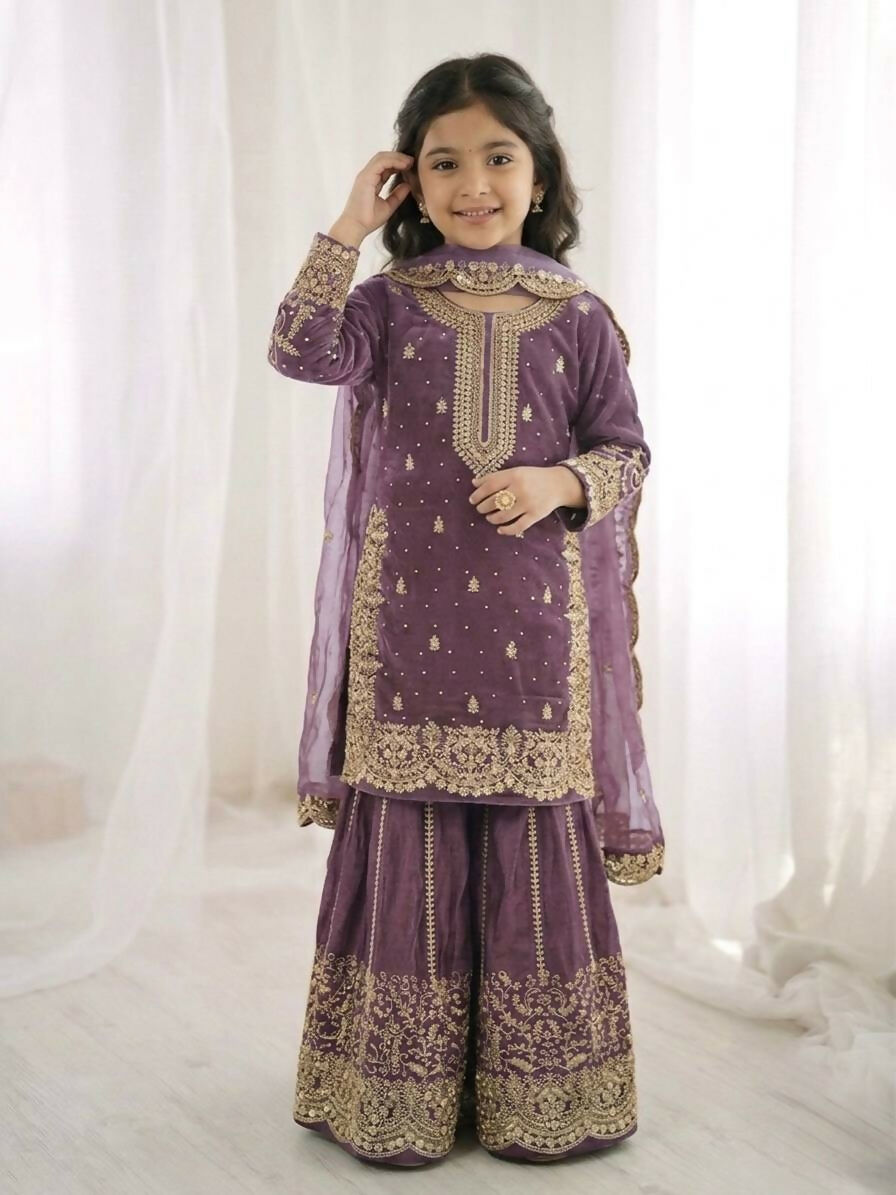 Teeya Creation New Trendy Fully Stitched Ready to Wear Kids Kurta Palazzo Set-Purple