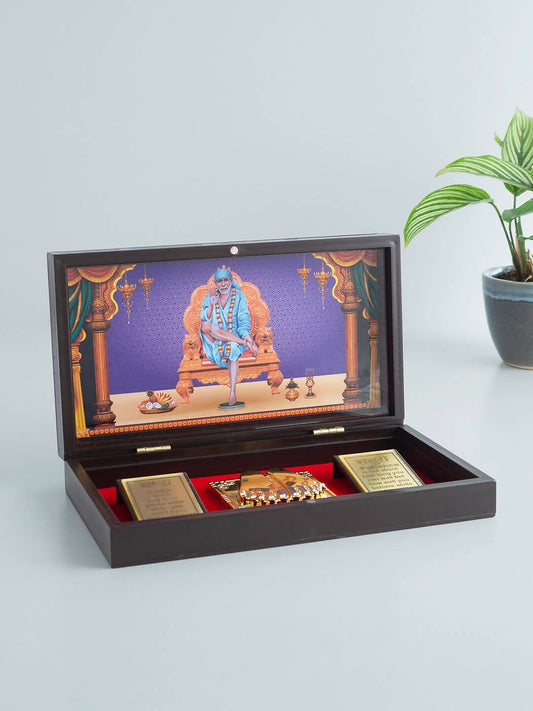 Golden Peacock Brown & Blue 24 CT Gold Foil Wooden Sri Sai Baba Pooja Box 