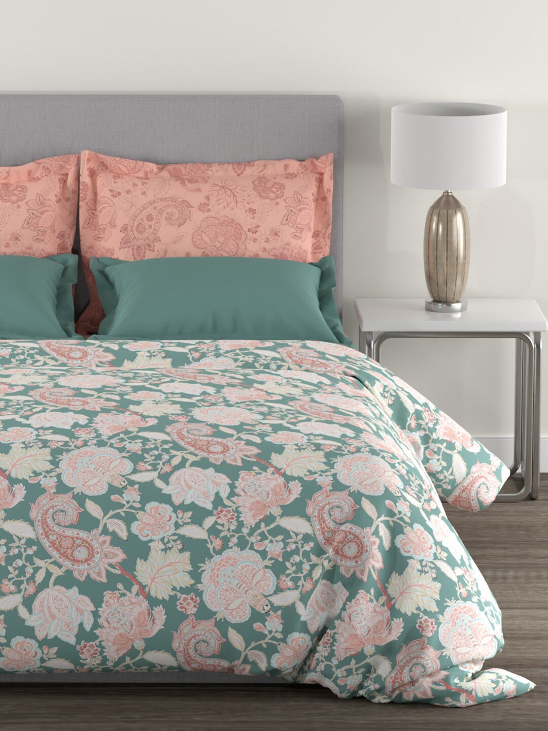 MYTRIDENT Green White Ethnic Motifs Cotton 144 TC Queen Bedsheet With 2 Pillow Covers 