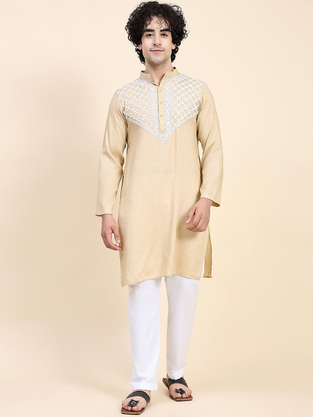 HOUSE OF KARI Ethnic Motifs Yoke Design Mandarin Collar Chikankari Pure Cotton Kurta 