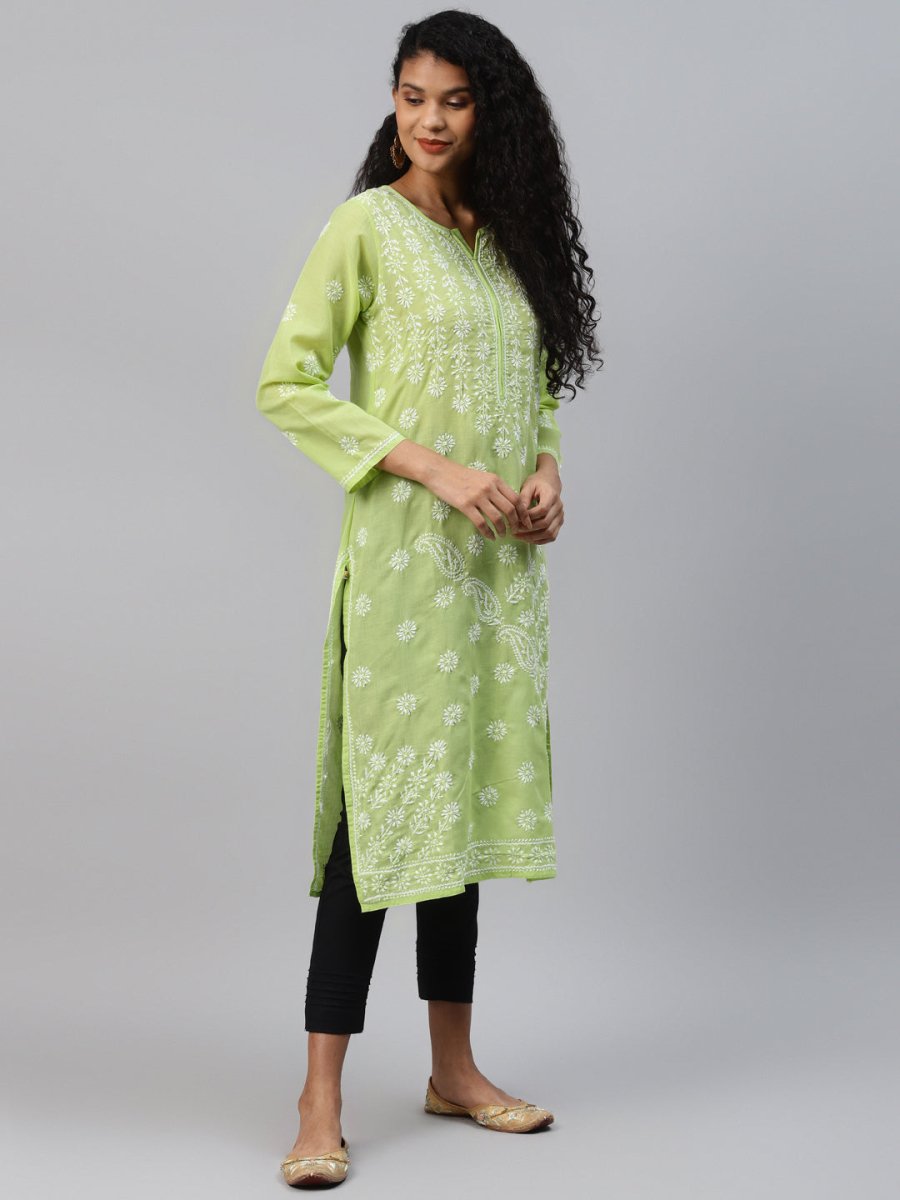 ADA Women Green & White Ethnic Motifs Chikankari Hand Embroidered Sustainable Kurta 