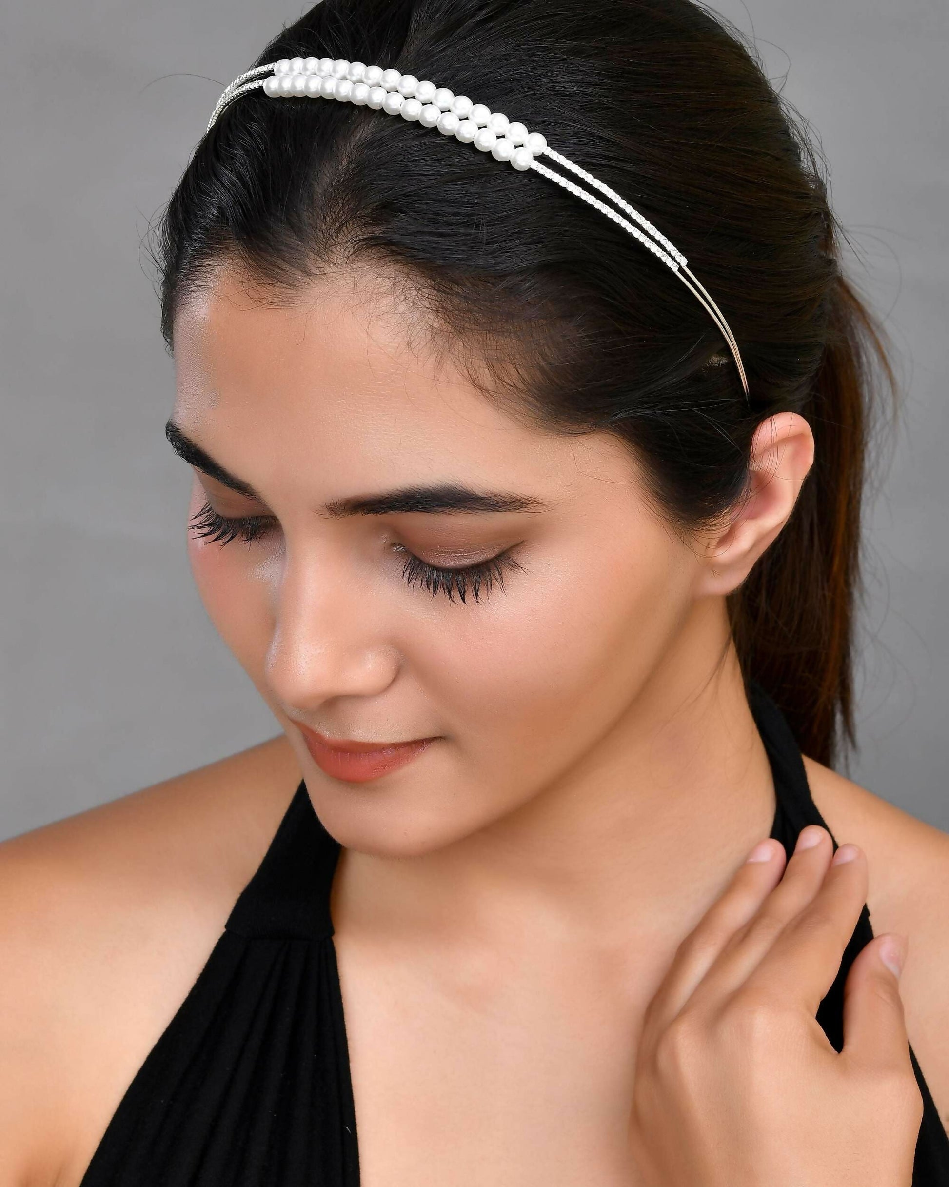 VOJ Silver Plated Pearl Studded Double Layer Hairband 