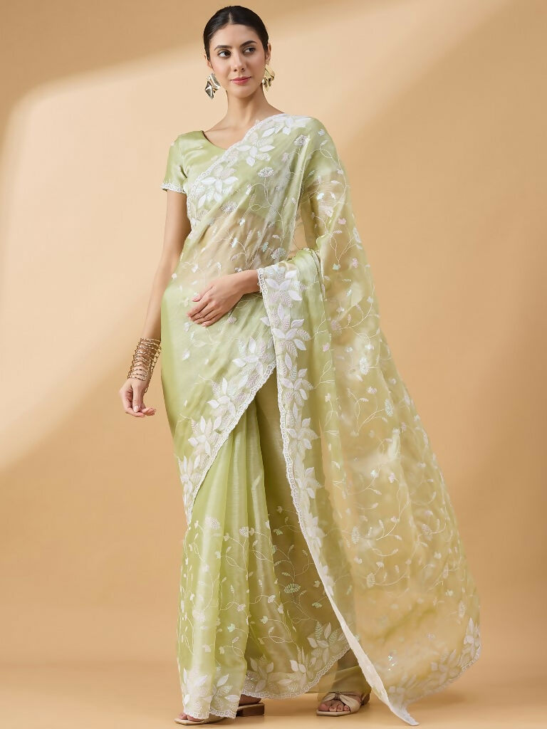 Green Tissue Slub Embroidered Saree with Unstitched Blouse - Vairagi