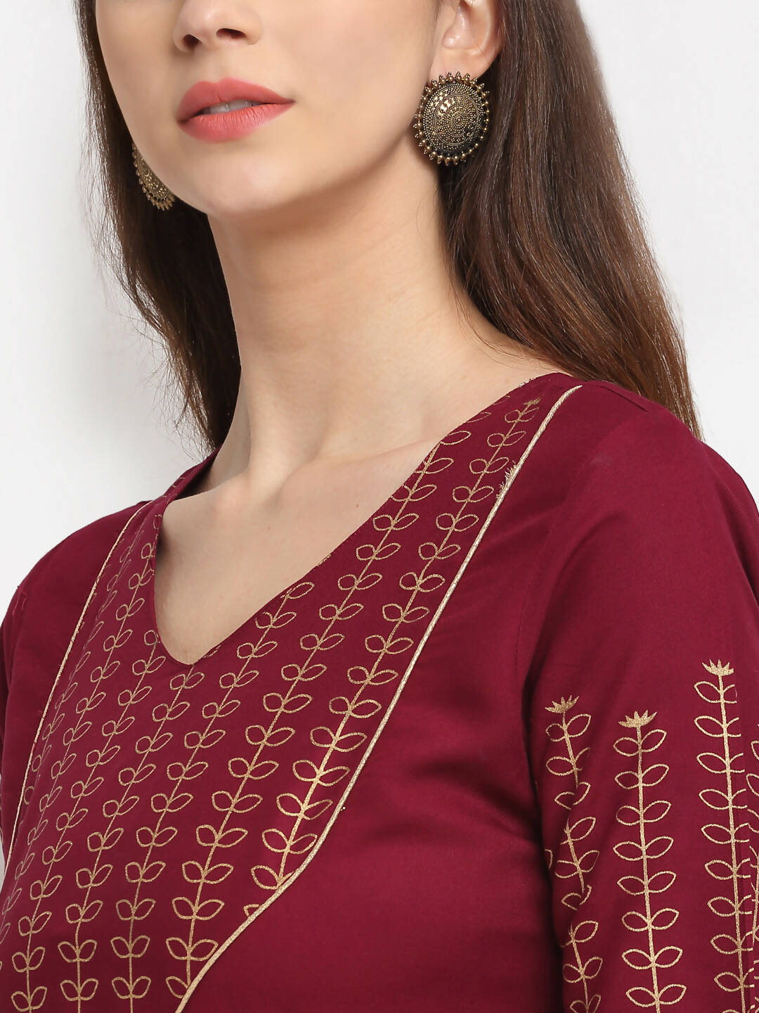 Rudra bazaar Gold Printed A-line flared Maroon Kurti