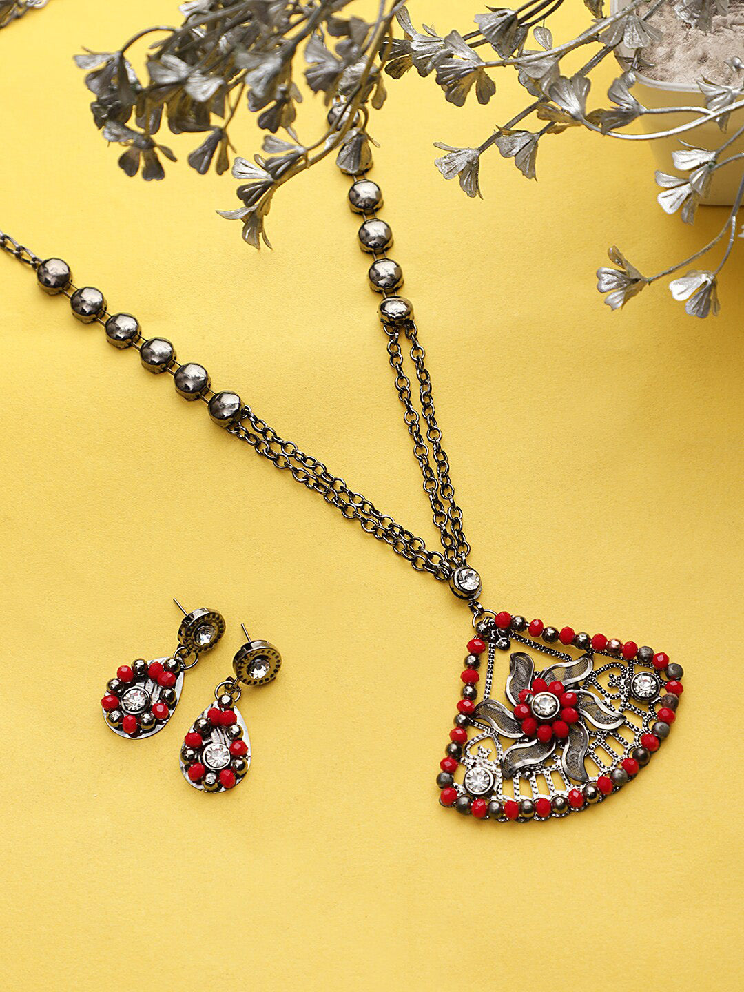 Cardinal Women Oxidised Silver-Plated Red Stone Studded & Beaded Jewellery Set - Grab2buy