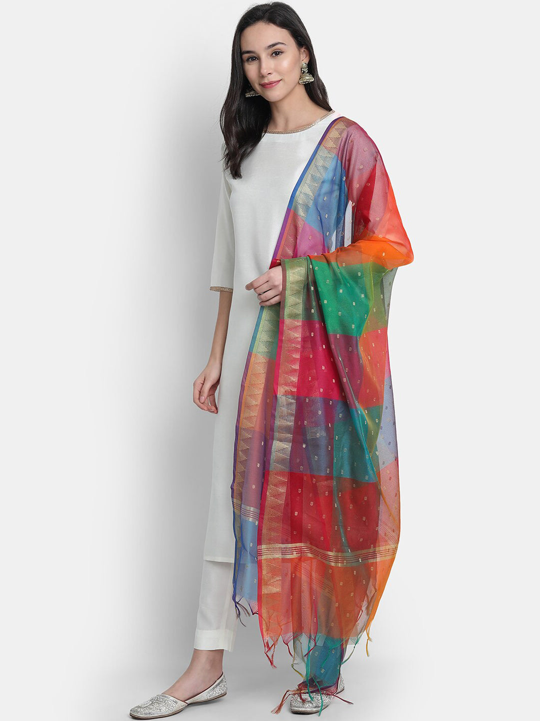 Janasya Women White Solid Kurta with Trousers & Dupatta