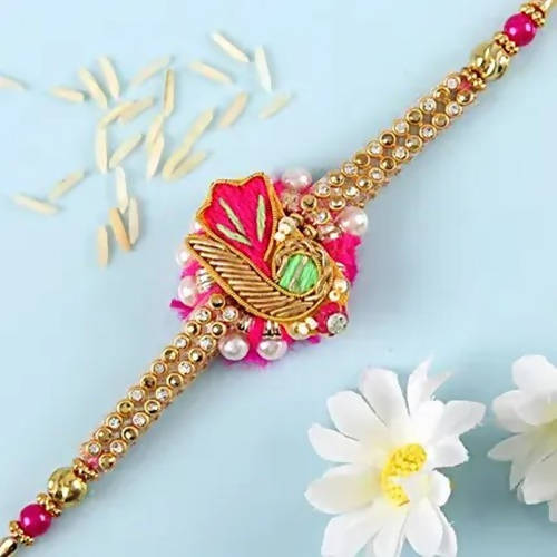 Delightful Pink Zardosi Rakhi & Cashew Jar